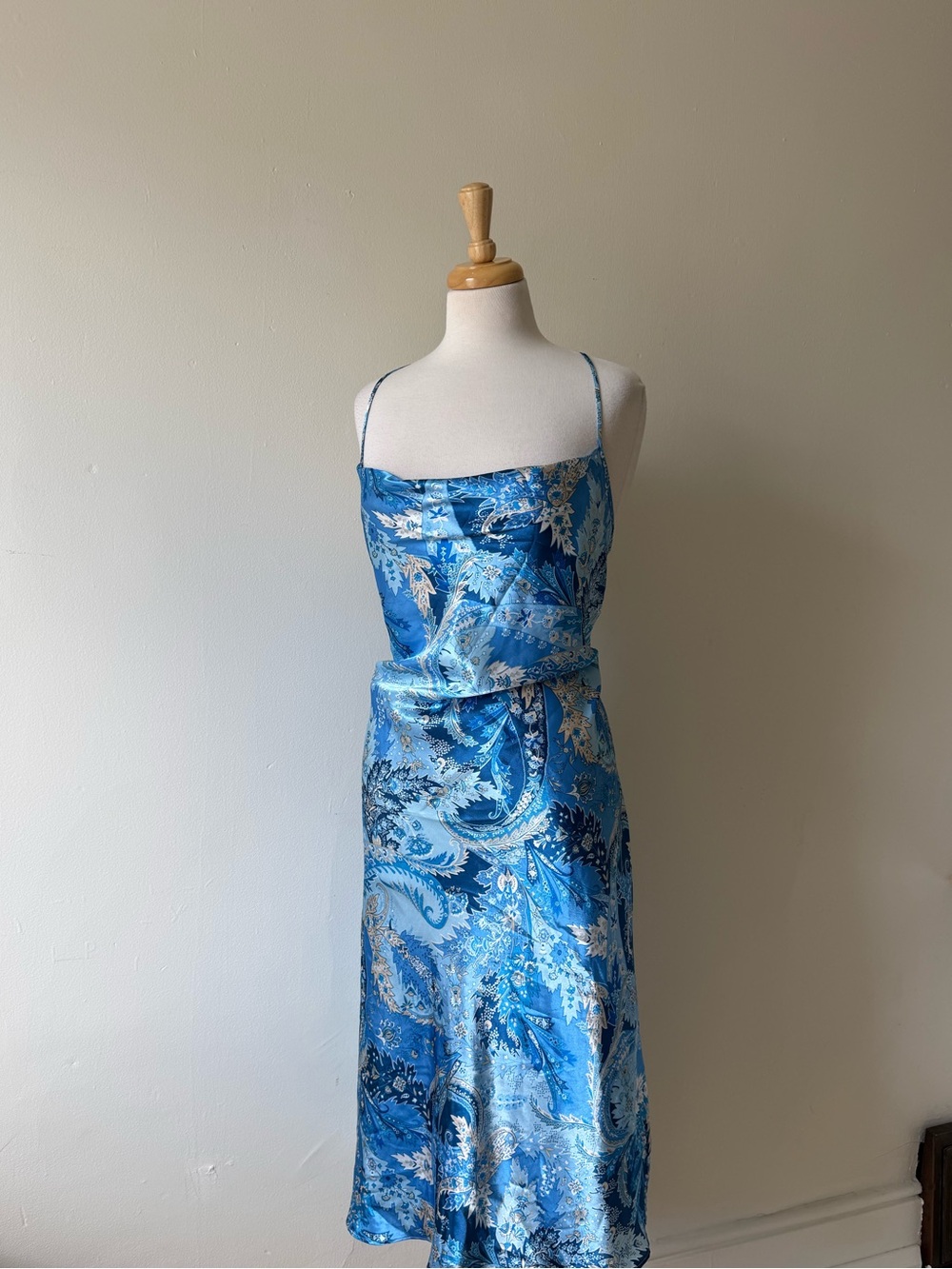 Jones New York Blue Paisley Satin Slip Dress Size Large Y2K Midi Dress